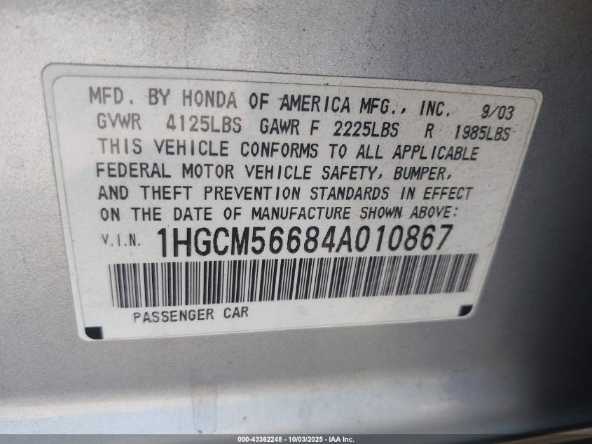 2004 Honda Accord 2.4 Ex VIN: 1HGCM56684A010867 Lot: 43362248