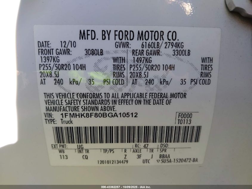 2011 Ford Explorer Limited VIN: 1FMHK8F80BGA10512 Lot: 43362257