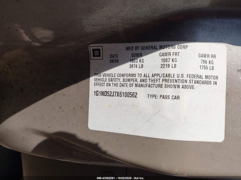 1999 Chevrolet Malibu VIN: 1G1ND52J7X6100562 Lot: 43362261