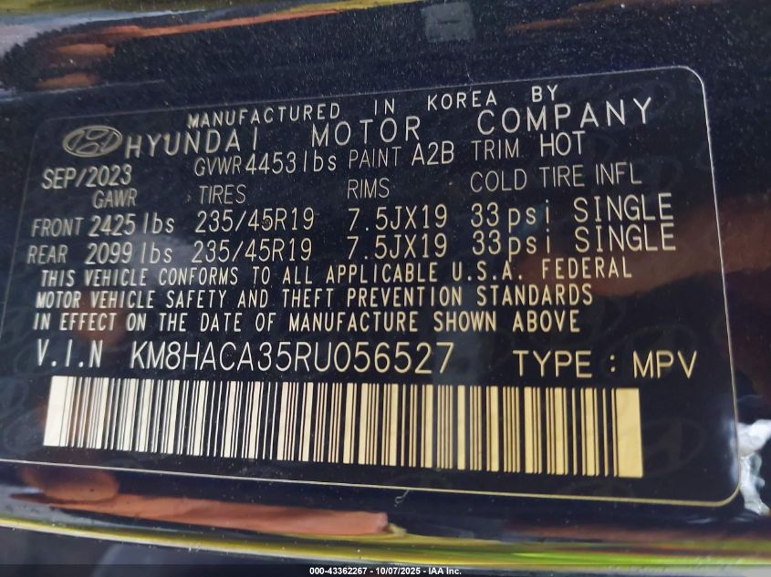 2024 Hyundai Kona N Line VIN: KM8HACA35RU056527 Lot: 43362267