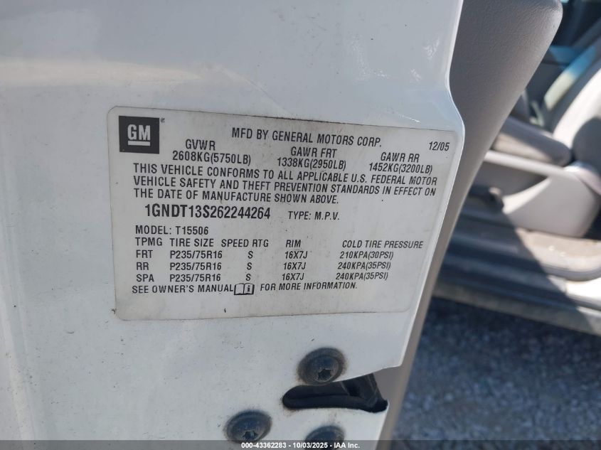 2006 Chevrolet Trailblazer Ls VIN: 1GNDT13S262244264 Lot: 43362283