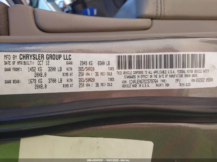 2013 Jeep Grand Cherokee Laredo VIN: 1C4RJEAG7DC579784 Lot: 43362291