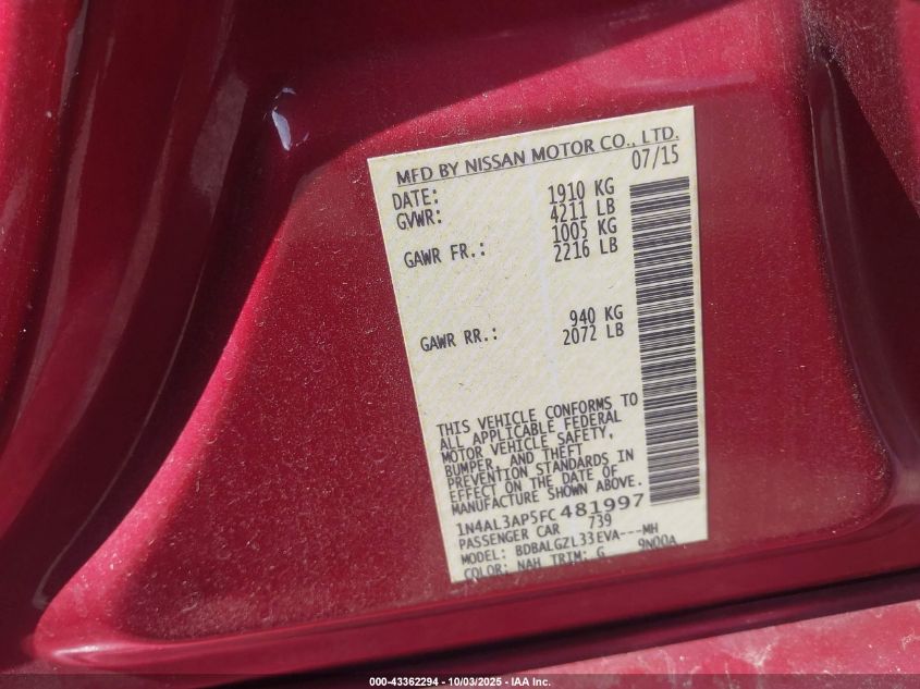 2015 Nissan Altima 2.5 S VIN: 1N4AL3AP5FC481997 Lot: 43362294