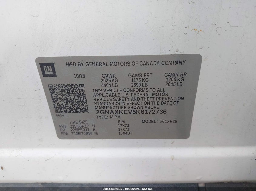 2019 CHEVROLET EQUINOX LT 2GNAXKEV5K6172736