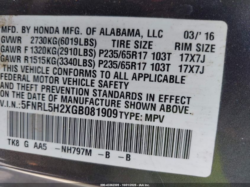 2016 Honda Odyssey Lx VIN: 5FNRL5H2XGB081909 Lot: 43362309