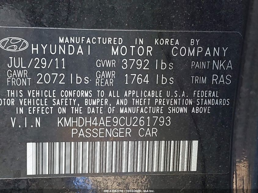 2012 Hyundai Elantra Gls (Ulsan Plant) VIN: KMHDH4AE9CU261793 Lot: 43362310