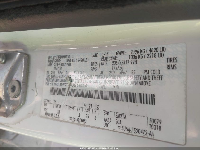 2016 Ford Escape S VIN: 1FMCU0F79GUB19234 Lot: 43362313