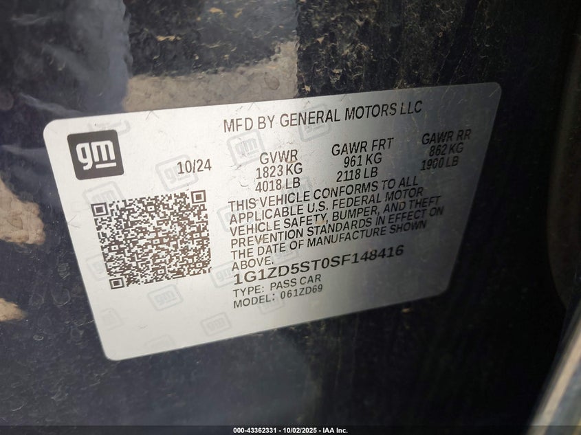 2025 Chevrolet Malibu Fwd 1Lt VIN: 1G1ZD5ST0SF148416 Lot: 43362331