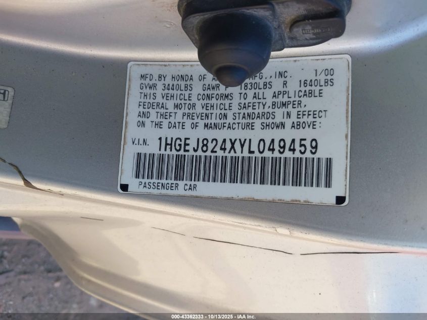 2000 Honda Civic Ex VIN: 1HGEJ824XYL049459 Lot: 43362333