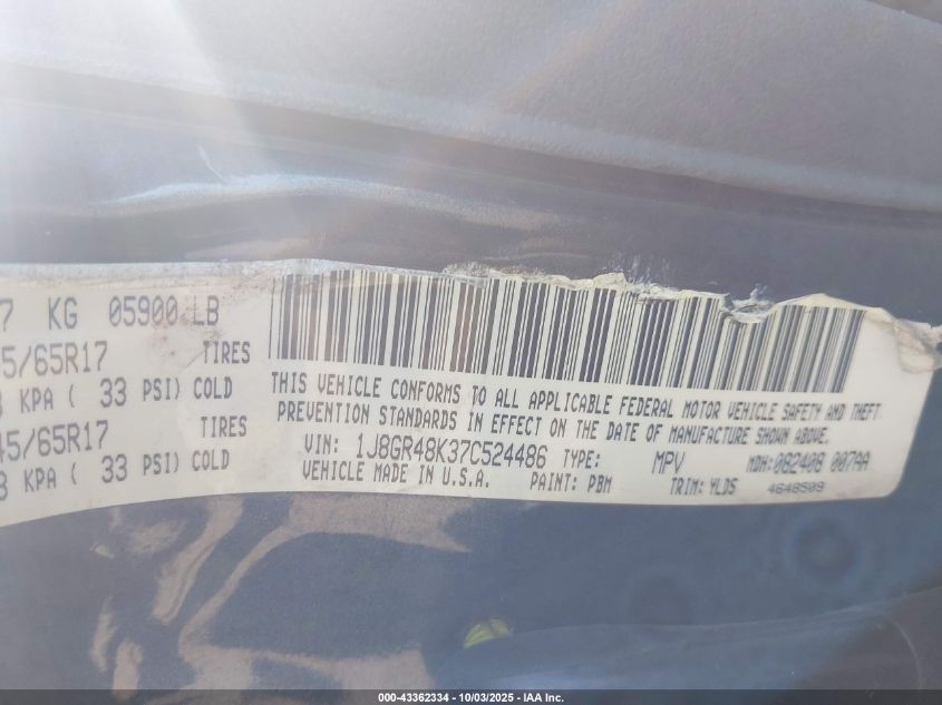 2007 Jeep Grand Cherokee Laredo VIN: 1J8GR48K37C524486 Lot: 43362334