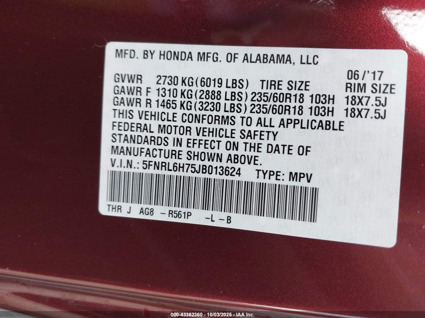 2018 HONDA ODYSSEY EX-L 5FNRL6H75JB013624