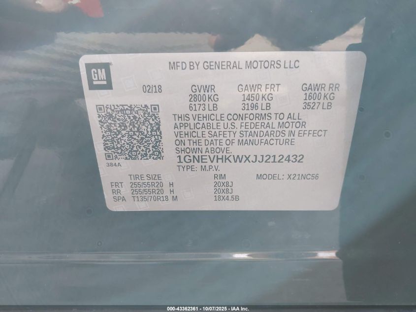 2018 Chevrolet Traverse 3Lt VIN: 1GNEVHKWXJJ212432 Lot: 43362361