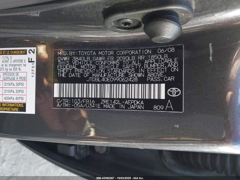 2009 Toyota Corolla Le VIN: JTDBL40E099062428 Lot: 43362367