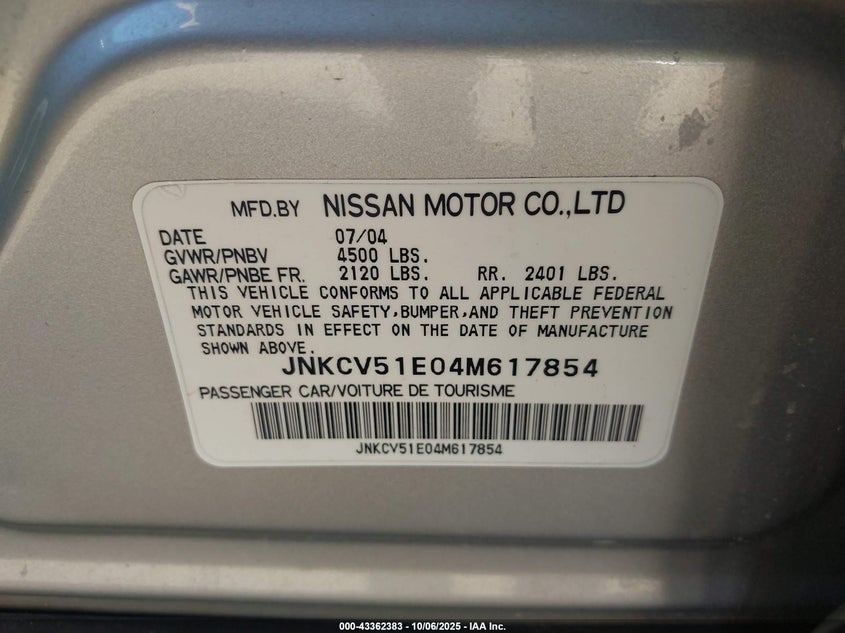 2004 Infiniti G35 VIN: JNKCV51E04M617854 Lot: 43362383