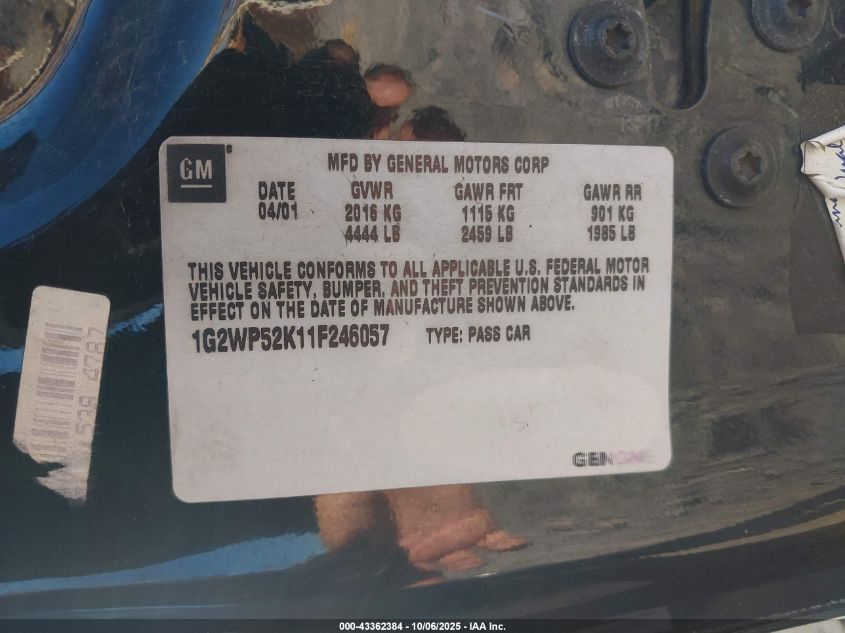 2001 Pontiac Grand Prix Gt VIN: 1G2WP52K11F246057 Lot: 43362384