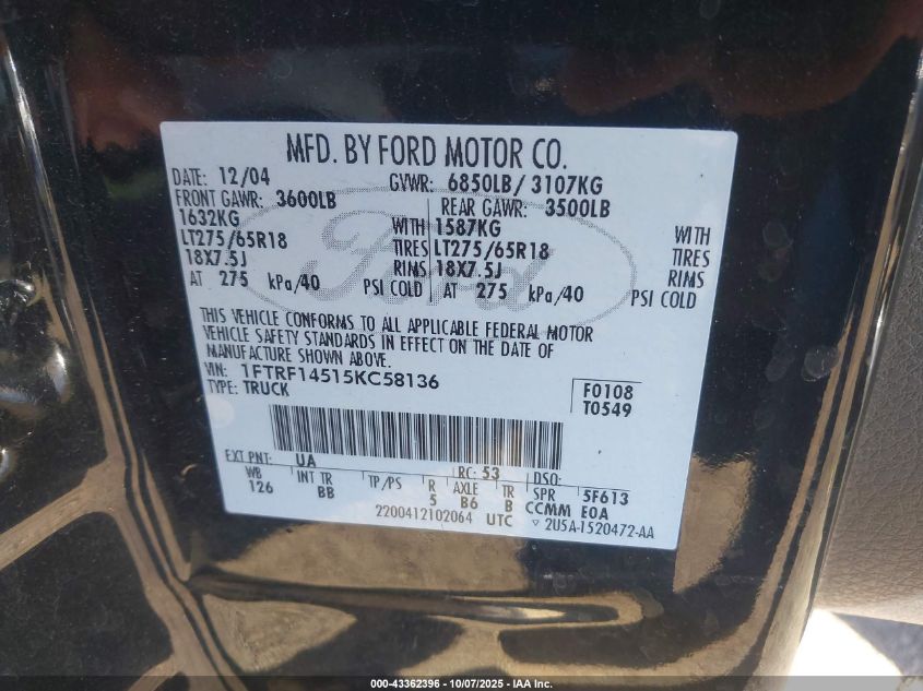 2005 Ford F-150 Fx4/Xl/Xlt VIN: 1FTRF14515KC58136 Lot: 43362396