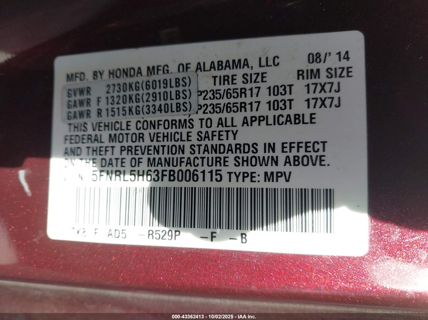 2015 HONDA ODYSSEY EX-L 5FNRL5H63FB006115