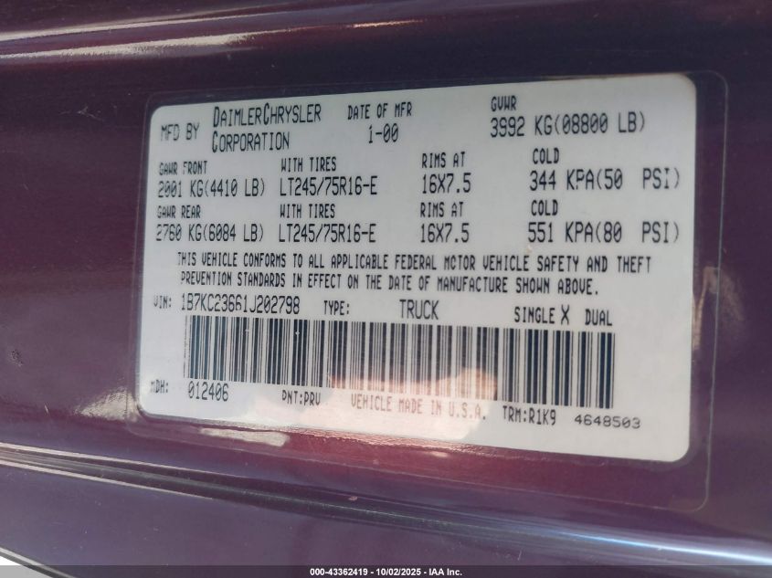 2001 Dodge Ram 2500 St VIN: 1B7KC23661J202798 Lot: 43362419