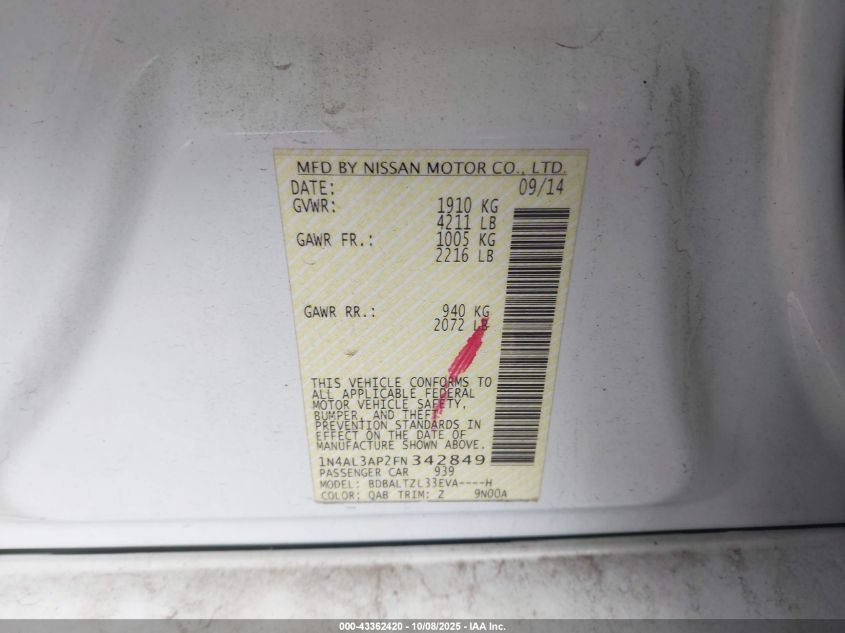 2015 Nissan Altima 2.5 Sl VIN: 1N4AL3AP2FN342849 Lot: 43362420