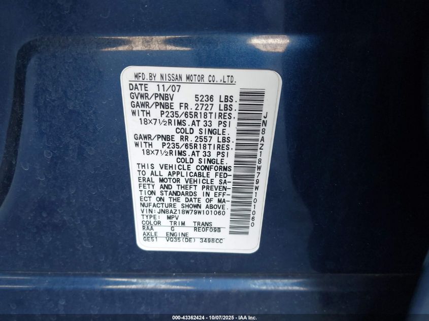 2009 Nissan Murano S VIN: JN8AZ18W79W101060 Lot: 43362424