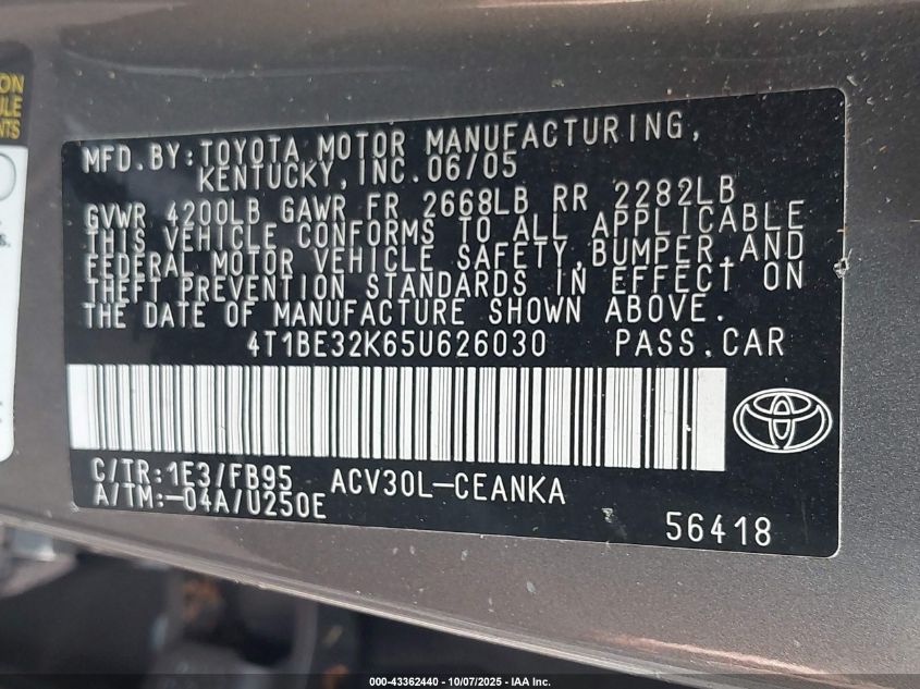 2005 Toyota Camry Le VIN: 4T1BE32K65U626030 Lot: 43362440