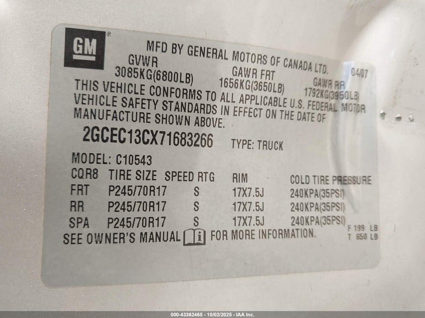 2007 Chevrolet Silverado 1500 Lt1 VIN: 2GCEC13CX71683266 Lot: 43362465