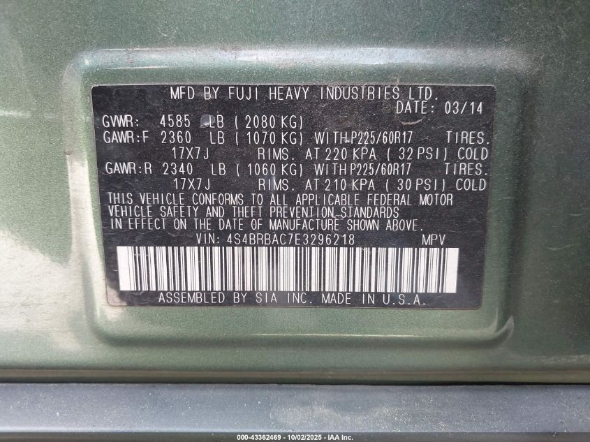 2014 Subaru Outback 2.5I VIN: 4S4BRBAC7E3296218 Lot: 43362469