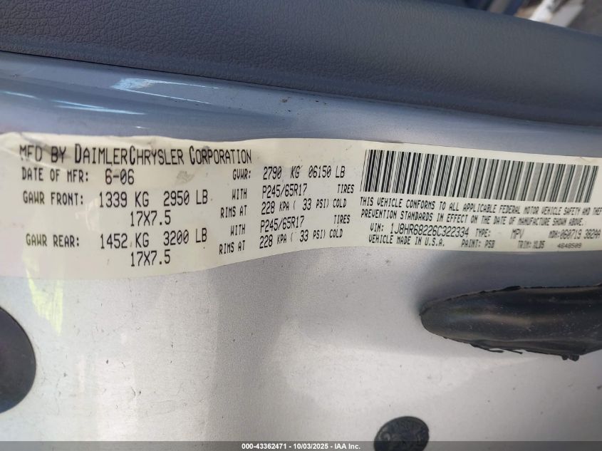 2006 Jeep Grand Cherokee Overland VIN: 1J8HR68226C322334 Lot: 43362471