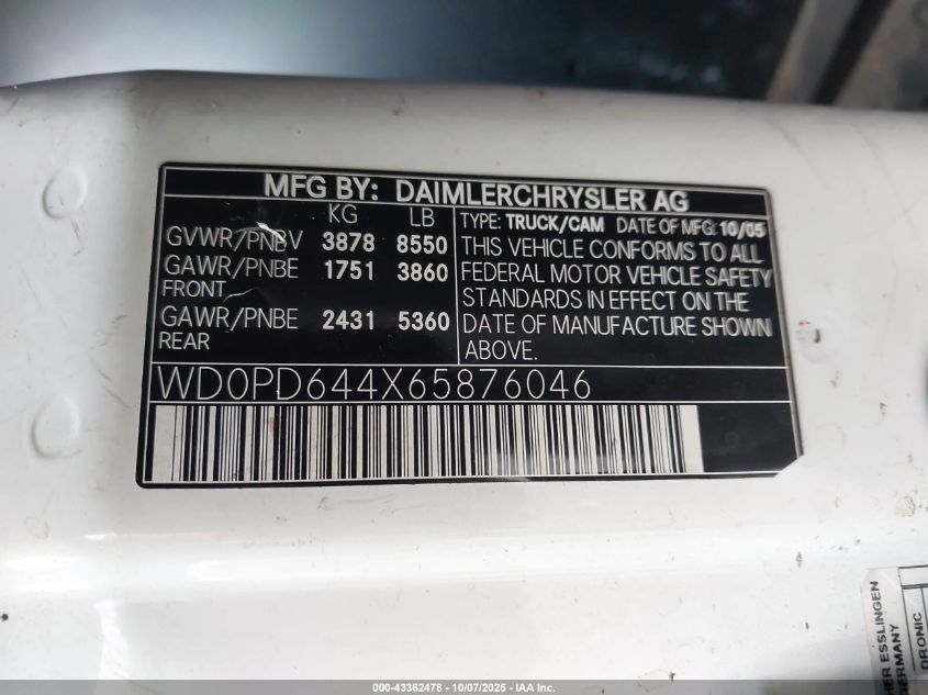 2006 Dodge Sprinter Van 2500 Shc VIN: WD0PD644X65876046 Lot: 43362478