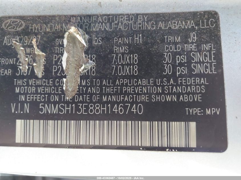 2008 Hyundai Santa Fe Limited/Se VIN: 5NMSH13E88H146740 Lot: 43362487