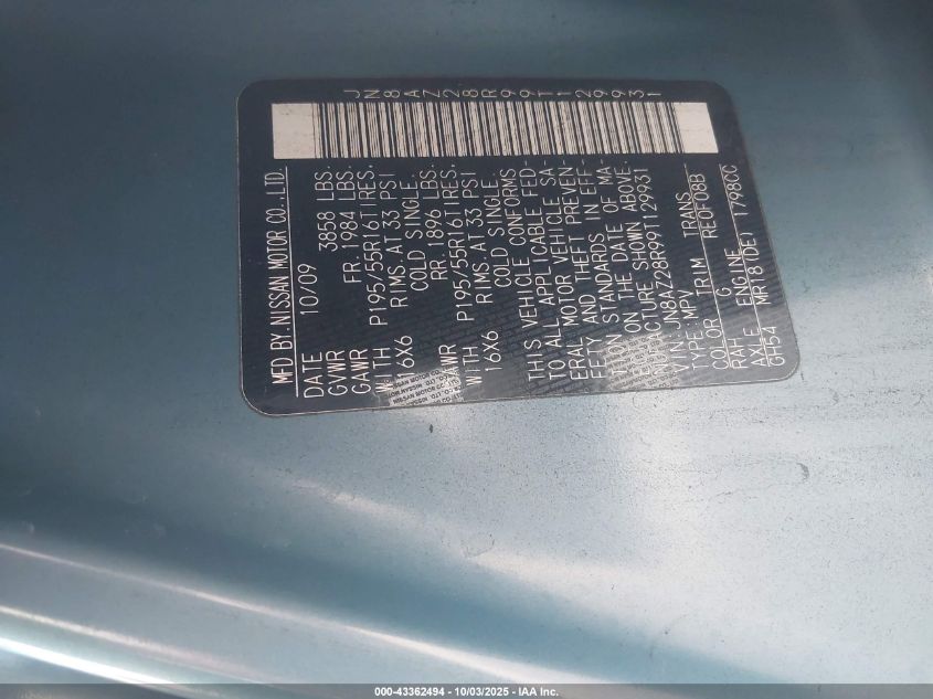 2009 Nissan Cube 1.8Sl VIN: JN8AZ28R99T129931 Lot: 43362494