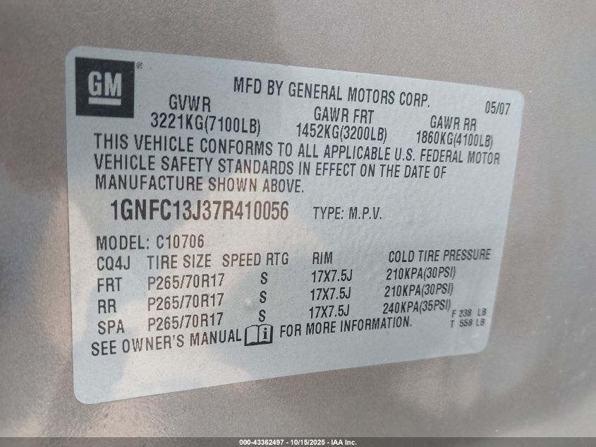 2007 Chevrolet Tahoe Lt VIN: 1GNFC13J37R410056 Lot: 43362497