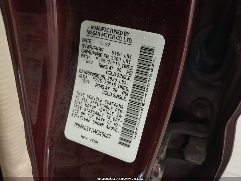 1998 Nissan Pathfinder Le/Se/Xe VIN: JN8AR05Y1WW245067 Lot: 43362504