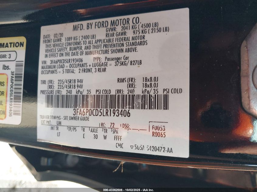 2020 Ford Fusion Sel VIN: 3FA6P0CD5LR193406 Lot: 43362506