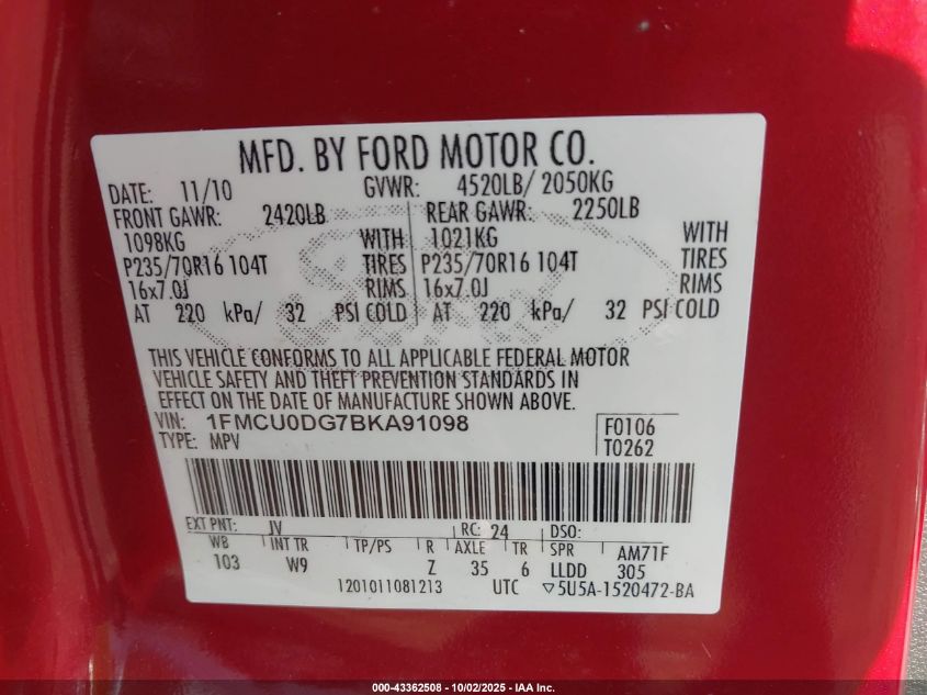 2011 Ford Escape Xlt VIN: 1FMCU0DG7BKA91098 Lot: 43362508