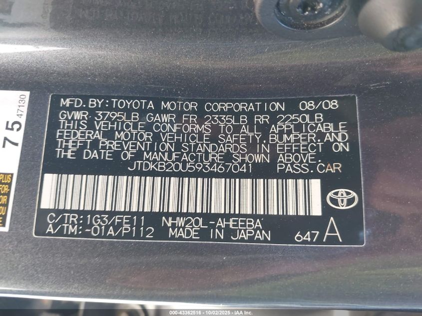 2009 Toyota Prius VIN: JTDKB20U593467041 Lot: 43362516