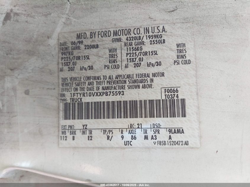 1999 Ford Ranger Xl/Xlt VIN: 1FTYR10VXXPB75593 Lot: 43362517