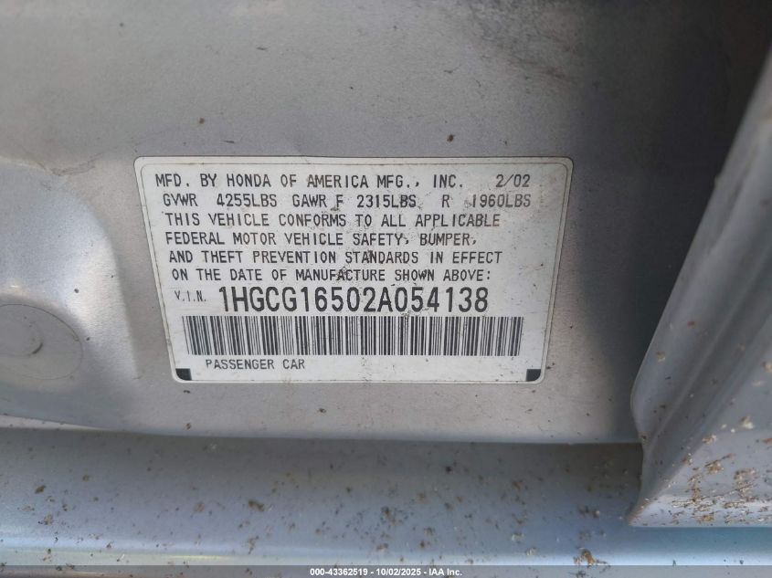 2002 Honda Accord 3.0 Ex VIN: 1HGCG16502A054138 Lot: 43362519