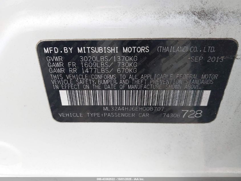 2014 Mitsubishi Mirage Es VIN: ML32A4HJ6EH008707 Lot: 43362522