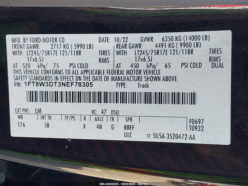2022 Ford F-350 Lariat VIN: 1FT8W3DT3NEF78305 Lot: 43362529