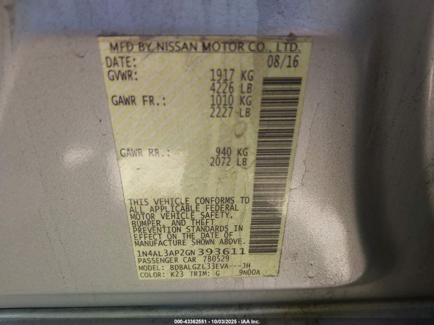 2016 Nissan Altima 2.5 S VIN: 1N4AL3AP2GN393611 Lot: 43362551