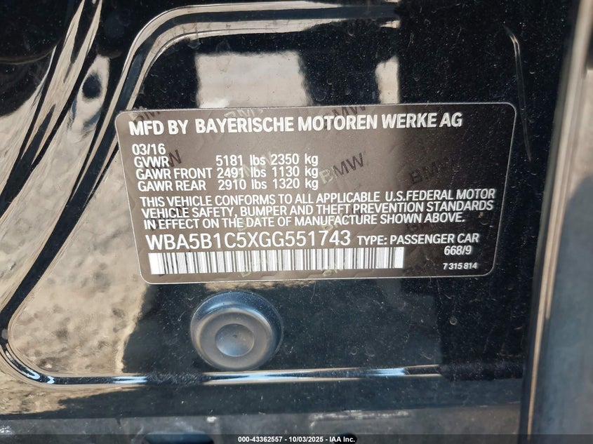 2016 BMW 535I - WBA5B1C5XGG551743