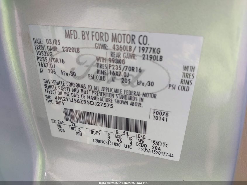 2005 Mercury Mariner Convenience VIN: 4M2YU56Z95DJ27575 Lot: 43362565