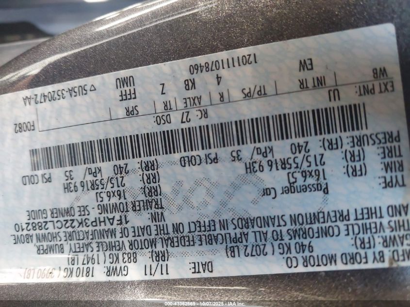 2012 Ford Focus Se VIN: 1FAHP3K22CL288210 Lot: 43362569