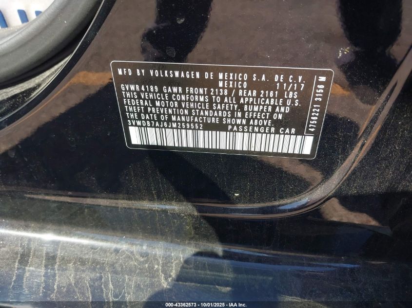 2018 Volkswagen Jetta 1.4T Se/1.4T Wolfsburg Edition VIN: 3VWDB7AJ6JM259552 Lot: 43362573