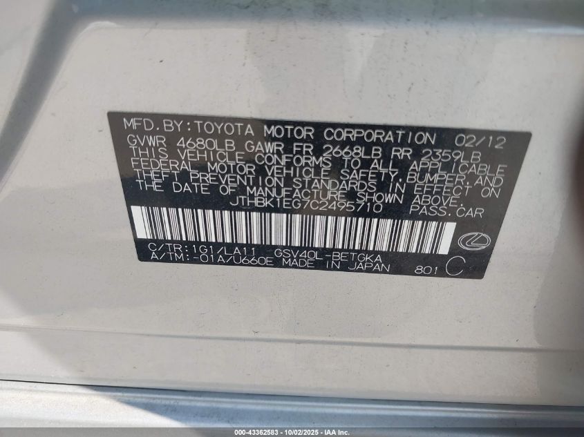 2012 Lexus Es 350 VIN: JTHBK1EG7C2495710 Lot: 43362583