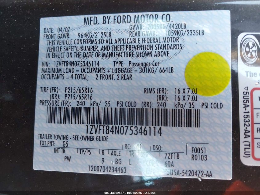 2007 Ford Mustang V6 Deluxe/V6 Premium VIN: 1ZVFT84N075346114 Lot: 43362587