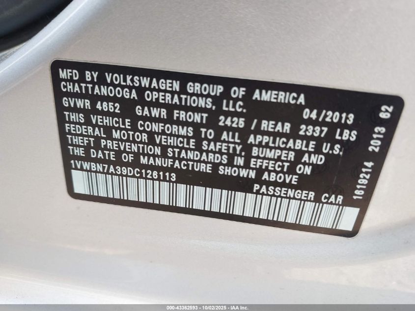 2013 Volkswagen Passat 2.0L Tdi Se VIN: 1VWBN7A39DC126113 Lot: 43362593