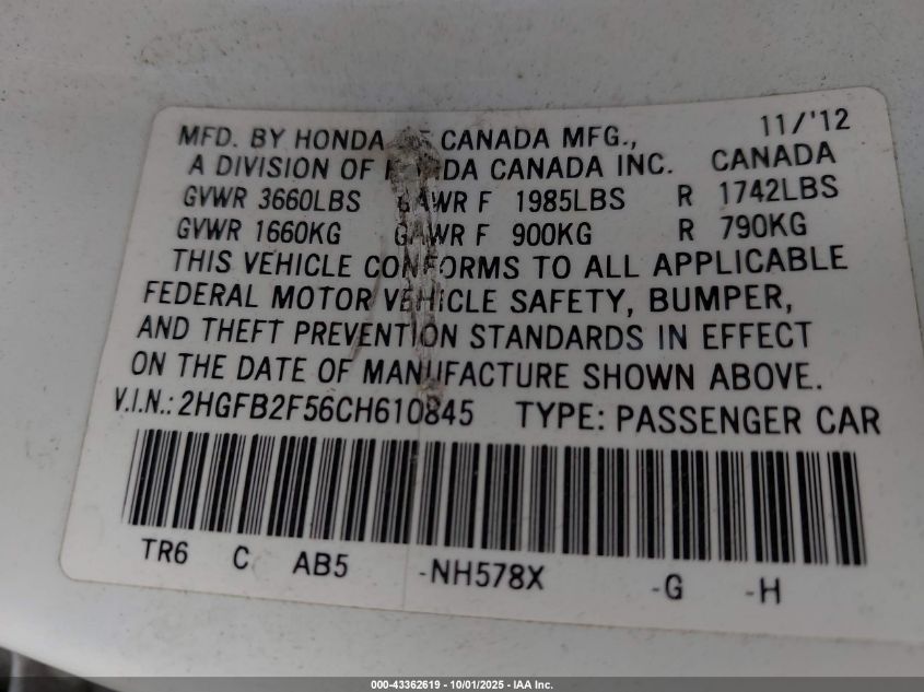 2012 Honda Civic Lx VIN: 2HGFB2F56CH610845 Lot: 43362619