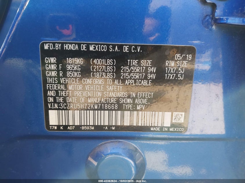 2019 HONDA HR-V EX-L - 3CZRU5H72KM718668